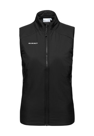 Zwarte mouwloze buitenjas met voorkleur ritssluiting en Mammut-logo op de linkerborst.