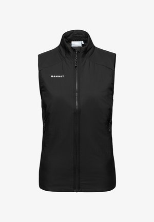 Sort ærmeløs udendørs vest med frontlynlås og Mammut-logo på venstre bryst.
