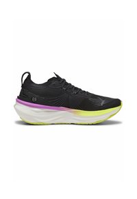 Black running shoe with a textured upper, featuring a colorful midsole design in purple and yellow, and a pull tab at the heel.