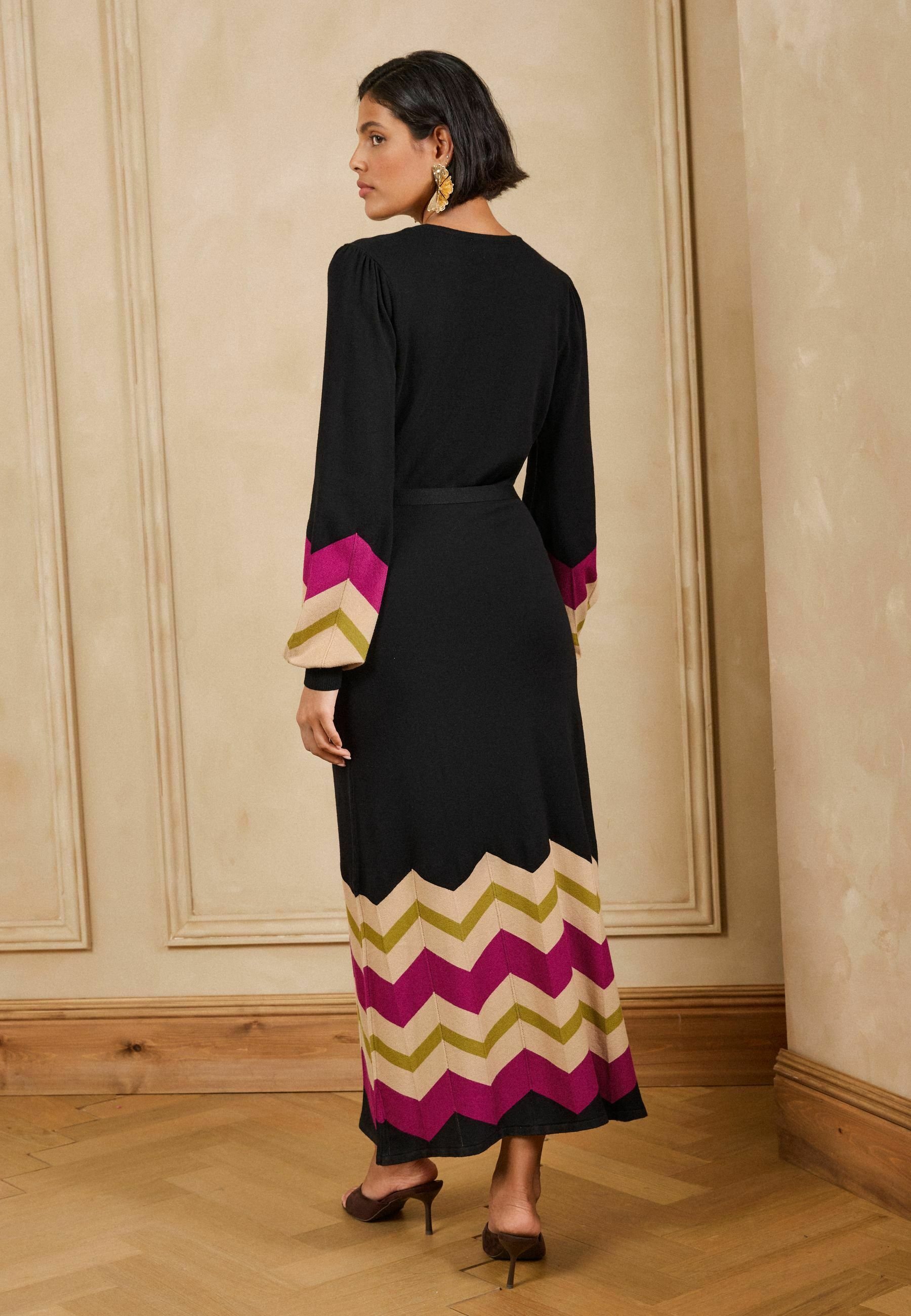 Love & Roses WRAP FRONT ZIG ZAG STRIPED KNITTED MIDI DRESS