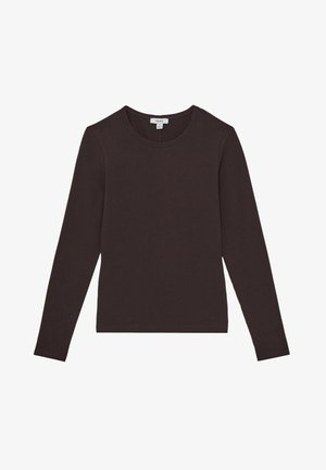 Dunkelbraunes Langarmshirt mit Rundhalsausschnitt, schlichtes Design, taillierter Schnitt, flach auf weißem Hintergrund dargestellt.