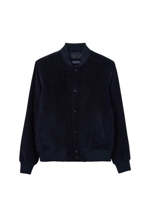 Marineblauwe corduroy jas met een geribbelde kraag, knoopsluiting, twee voorzakken en geribbelde manchetten en zoom. Glad textuur en modern ontwerp.