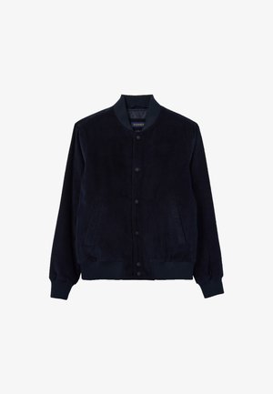 Marineblauwe corduroy jas met een geribbelde kraag, knoopsluiting, twee voorzakken en geribbelde manchetten en zoom. Glad textuur en modern ontwerp.