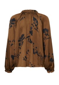Brun blommig blus med långa ärmar, samlad halsringning och elastiska ärmslut. Har mörkblå blommönster på slätt tyg.