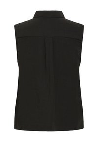 Musta hihaton paita, jossa on kaulus ja keskellä takana laskos, esitetty takaa valkoisella taustalla.