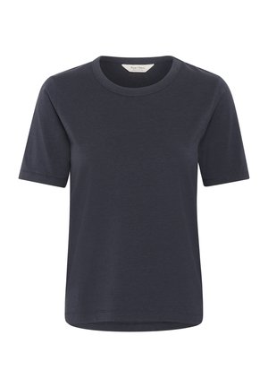 Donker marineblauwe T-shirt met korte mouwen, gemaakt van zacht katoen. Heeft een ronde halslijn en een rechte zoom met een ontspannen pasvorm.