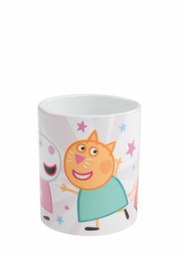 Tazza in ceramica con personaggi dei cartoni animati colorati, tra cui un gatto e un maiale, su uno sfondo rosa chiaro con stelle e raggi.