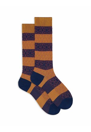 Calzini a righe con bande alternate in blu navy e giallo senape, dotati di motivi intricati sulle sezioni blu e punte blu navy a tinta unita.