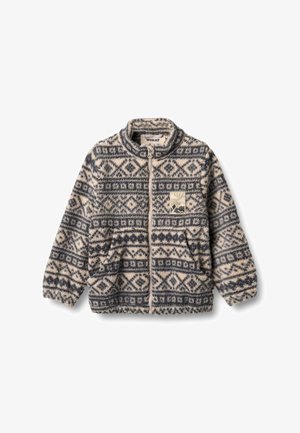 Kreemjas ja tumesinises fleece'ist avatud jope, millel on kogu pinnal geomeetriline muster, soonikkoes krae ja küljetaskud. Kaasa on lisatud tikitud logo tähis.