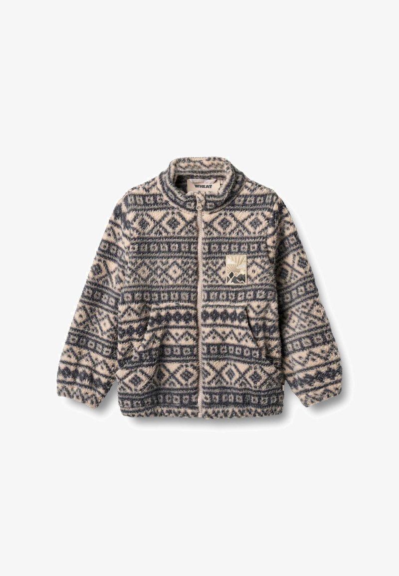 Giacca in pile con zipper in crema e blu navy, caratterizzata da un motivo geometrico integrale, colletto a costine e tasche laterali. Include un'etichetta con logo ricamato.