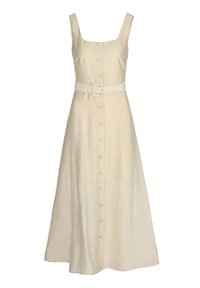 Kolenní délka, béžově krémové lněné šaty se čtvercovým výstřihem, knoflíky vpředu a odpovídajícím páskem v pase. Hladká textura a áčkový střih.