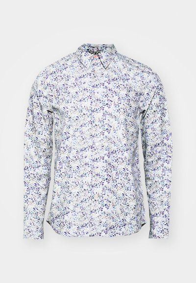 Long-sleeve shirt in light fabric with a floral pattern featuring shades of purple, blue, and beige; classic collar and button-up front.