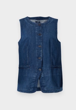 Gilet sans manches en denim bleu foncé avec un col rond et cinq boutons noirs sur le devant, comportant deux poches latérales.
