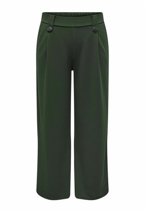 Ciemnozielone, szerokie, krótkie spodnie z guzikami przy pasku, wykonane z gładkiego materiału.