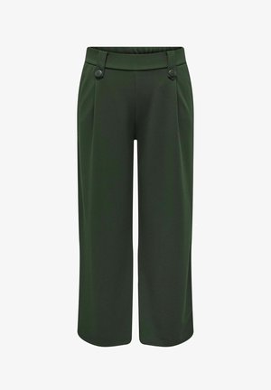 Donkergroene, wijd uitgesneden cropped broek met knoopsluitingen aan de tailleband, ontworpen in een gladde stof.