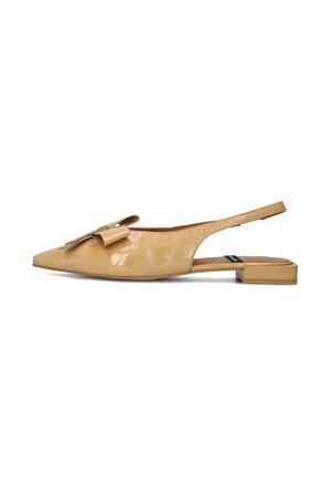 Geel leren slingback ballerina's met een spitse neus, voorzien van een strikaccent en een lage vierkante hak. Soepele textuur, minimalistisch design.