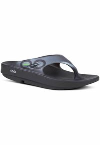 Sort flip-flop sandal med en struktureret indersål, gummistrop og dobbelt cirkellogo i grå og grøn. Blød, polstret sål for komfort.