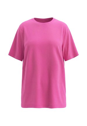 Maglietta a maniche corte di colore rosa acceso con collo tondo, dalla vestibilità comoda, mostrata su uno sfondo bianco uniforme.