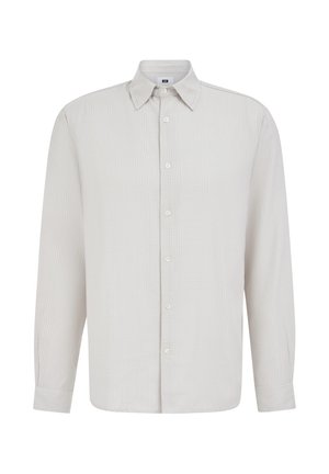 Šviesiai pilka ilgomis rankovėmis marškiniai su subtiliu languotu raštu ir smailia apykakle, pateikti ant balto fono.
