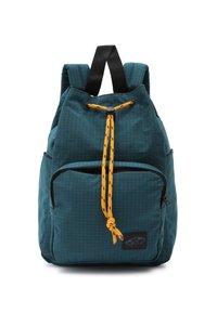 Turkusowy plecak wykonany z teksturowanej tkaniny, z żółtym ściągaczem, przednią kieszenią na zamek i czarnymi regulowanymi paskami.