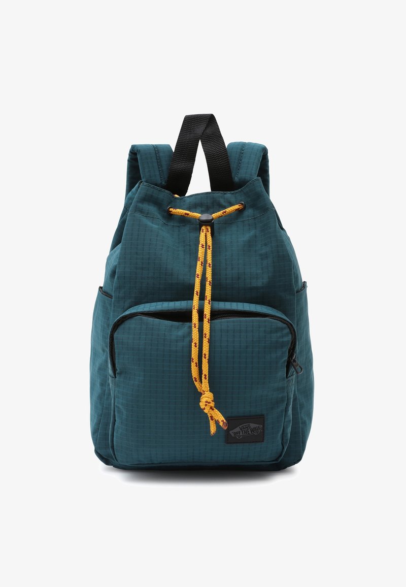 Teal backpack made of textured fabric, featuring a yellow drawstring closure, a front zip pocket, and black adjustable straps.