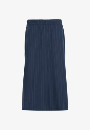 Morska modra midi krila z navpičnimi črtami, elastičnim pasom, gladko teksturo in ravnim krojem.