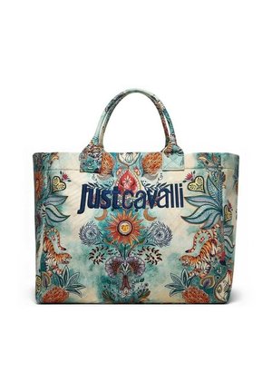 Tote taske med farverige blomster- og tigerprint, med et centralt solmotiv og "just cavalli" logo i fede marineblå bogstaver.