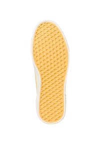Yellow rubber shoe sole with a textured pattern featuring small diamonds. White edging along the sides. Flat and lightweight design.