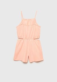 Romper breskve barve z tankimi narami, elastičnim pasom in ohlapnimi hlačami. Narejen iz mehkega blaga z gladko teksturo.