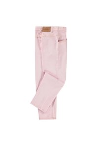 Svetlo roza denim hlače ravnega kroja z sprednjimi in zadnjimi žepki ter rjavo usnjeno blagovno oznako na pasu.