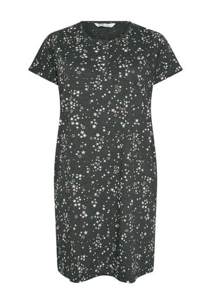 Dunkelgraues Nachthemd mit kurzen Ärmeln, kleinen weißen und rosa Sternmustern sowie einer teilweisen Knopfleiste am Ausschnitt.