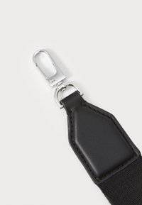 Black fabric strap with synthetic leather detailing and a silver metal snap hook. Features a smooth texture and reinforced stitching.