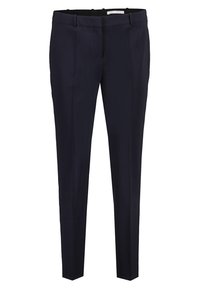 Námořnické kalhoty s úzkým střihem, plochým předním dílem a dvěma bočními kapsami; vyrobené z hladkého materiálu se jemným leskem.