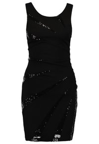 Robe de cocktail noire sans manches avec des rayures diagonales de sequins noirs brillants et une silhouette cintrée.