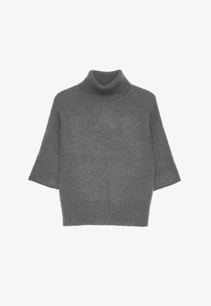 Grå strikket rullekravebluse med korte ærmer og ribstrikket kant. Blød tekstur og afslappet pasform. Stoffet virker let og behageligt.