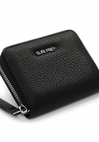 Black leather wallet with a textured surface, silver hardware, and a prominent logo embossed on the front. Zipper closure with a loop.