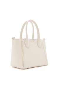 Cremfarbene Lederhandtasche mit strukturiertem Design, doppelten oberen Griffen und goldfarbenen Beschlägen. Verfügt über ein dezent angebrachtes Markenlogo auf der Vorderseite.