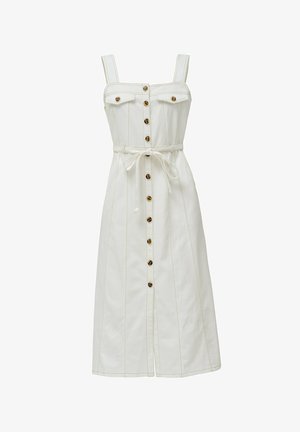 Vestido de mezclilla blanca con tirantes ajustables, cierre de botones en el frente, dos bolsillos en el pecho y cinturón ajustable desmontable en la cintura.