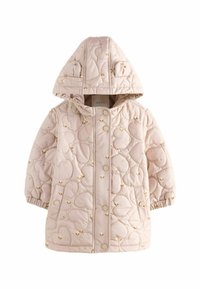 Polstret pink jakke med hætte, der har et quiltet design og gyldne blomsterdekorationer. Foran knapper og elastiske manchetter for en tætsiddende pasform.