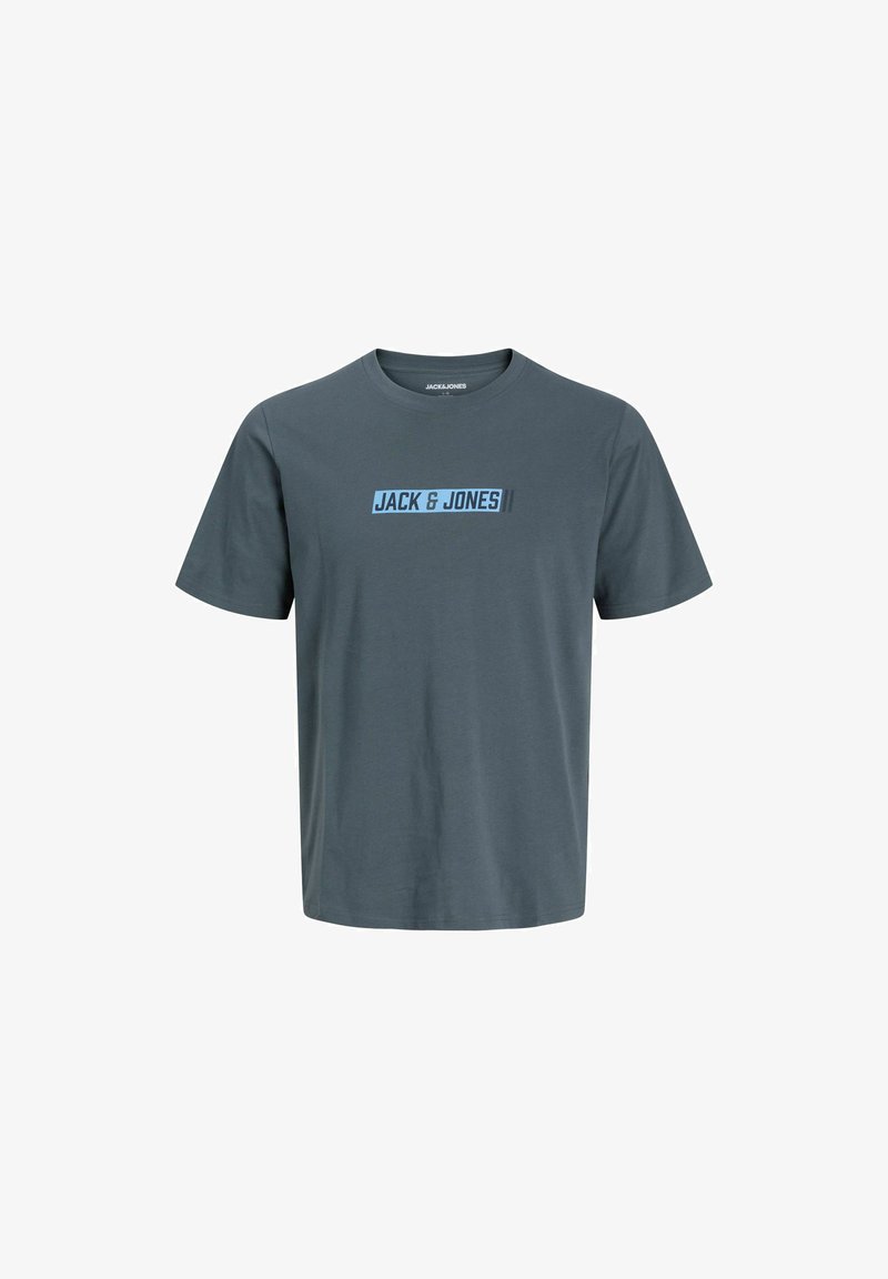 Σκούρο γκρι κοντομάνικο T-shirt με στρογγυλή λαιμόκοψη και ανοιχτό μπλε κείμενο "JACK & JONES" στο κέντρο του στήθους.
