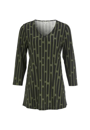 Langärmlige, olivgrüne Tunika mit schwarzem, vertikalem, abstraktem Streifenmuster und V-Ausschnitt.