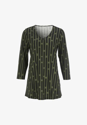 Langærmet, olivengrønt tunika med sort vertikal abstrakt stribemønster og V-hals.