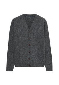Šedý vlněný cardigan s véčkovým výstřihem, sedmi hnědými dřevěnými knoflíky vpředu, dlouhými rukávy a texturovaným pleteným designem.