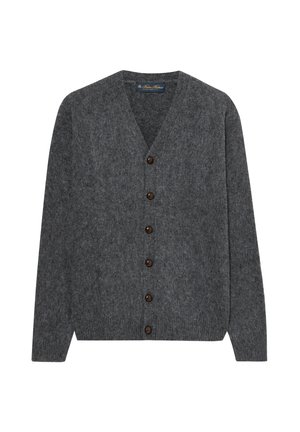 Grijze wollen cardigan met een V-hals, zeven bruine houten knopen aan de voorkant, lange mouwen en een gestructureerd gebreid ontwerp.