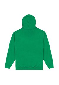 Felpa verde con cappuccio, in cotone, maniche lunghe, polsini e orlo a coste, design semplice, vista laterale, il cappuccio presenta una parte superiore arrotondata.