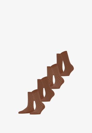 Brown socks with a polka dot pattern, featuring a mid-calf length and soft texture. The toe and heel areas are solid.