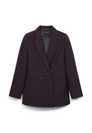 Blazer violet foncé en tissu lisse, doté d'un design à double boutonnage, de revers crantés et de poches avant avec des accents de bouton.