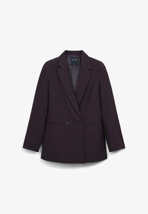 Blazer viola scuro realizzato in un tessuto liscio, con un design doppiopetto, revers a punta e tasche frontali con dettagli a bottone.