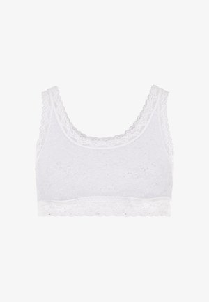 Fehér csipkés bralette, puha, texturált anyagból, fodros szélekkel és széles pántokkal ellátott lekerekített nyakkivágással a nagyobb támasz érdekében.