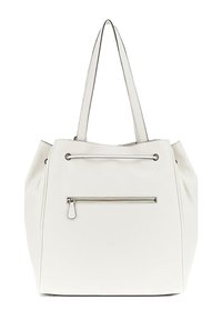 Witte leren draagtas met een ronde vorm, dubbele schouderbanden, een voorzak met rits en minimalistische ontwerpelementen.